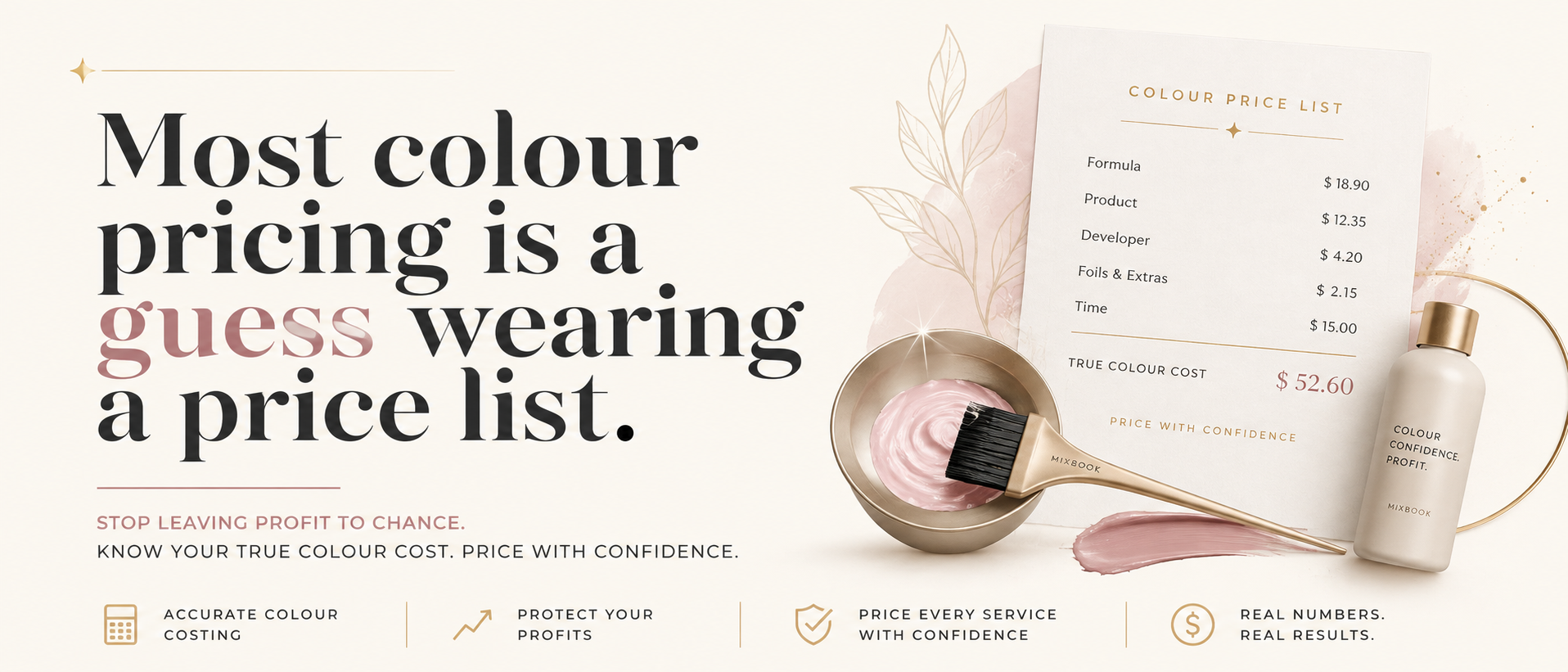 Most colour pricing is a guess wearing a price list — a colour price list beside a mixing bowl, showing a true colour cost of $52.60