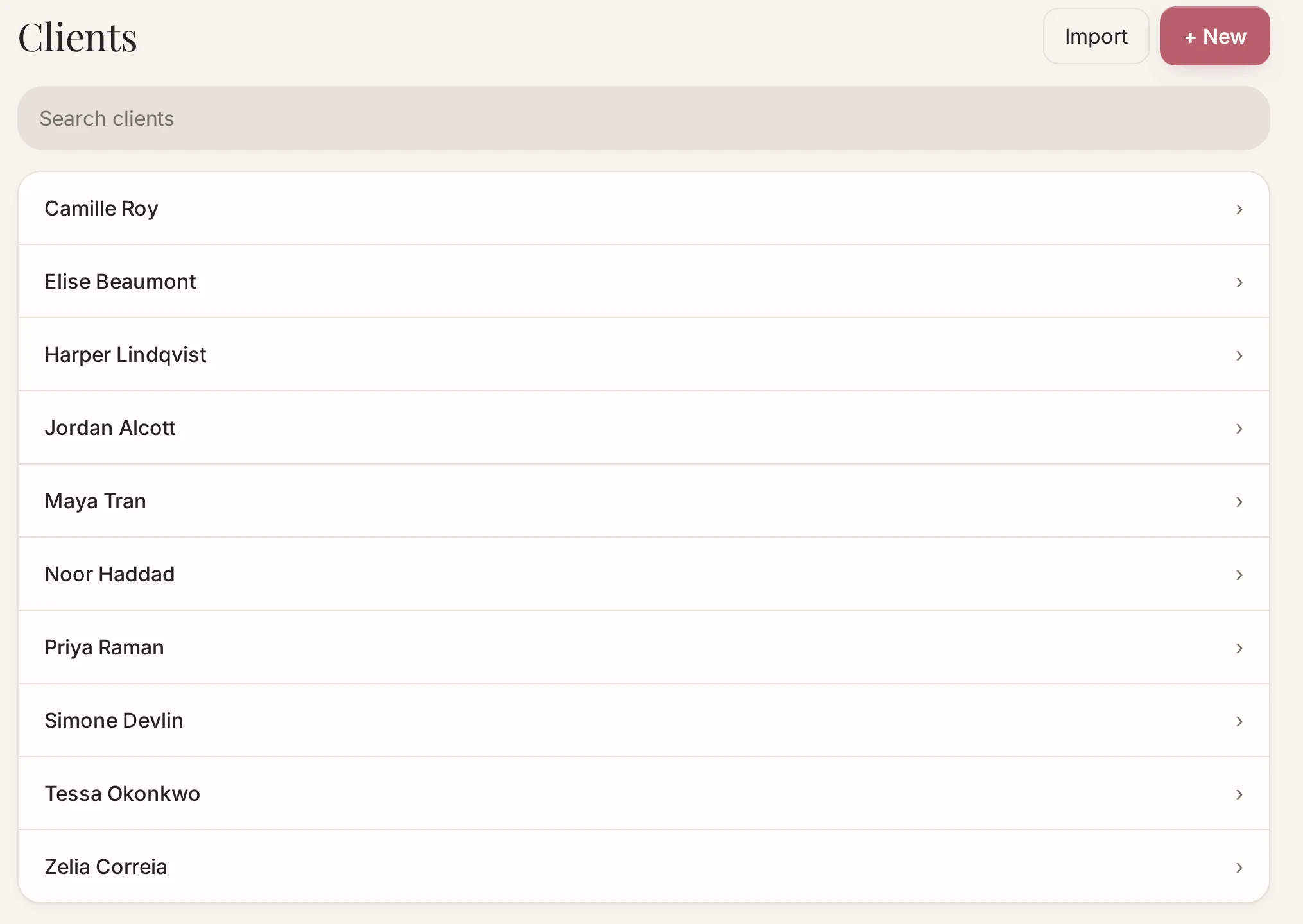 Searchable client list with import and new-client actions