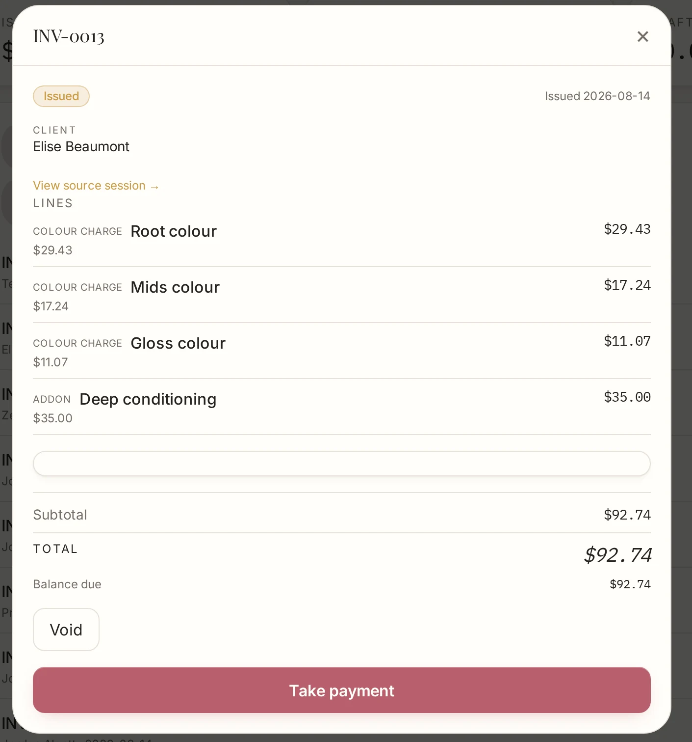 Invoice INV-0013 with three colour charges, one add-on, subtotal and $92.74 total