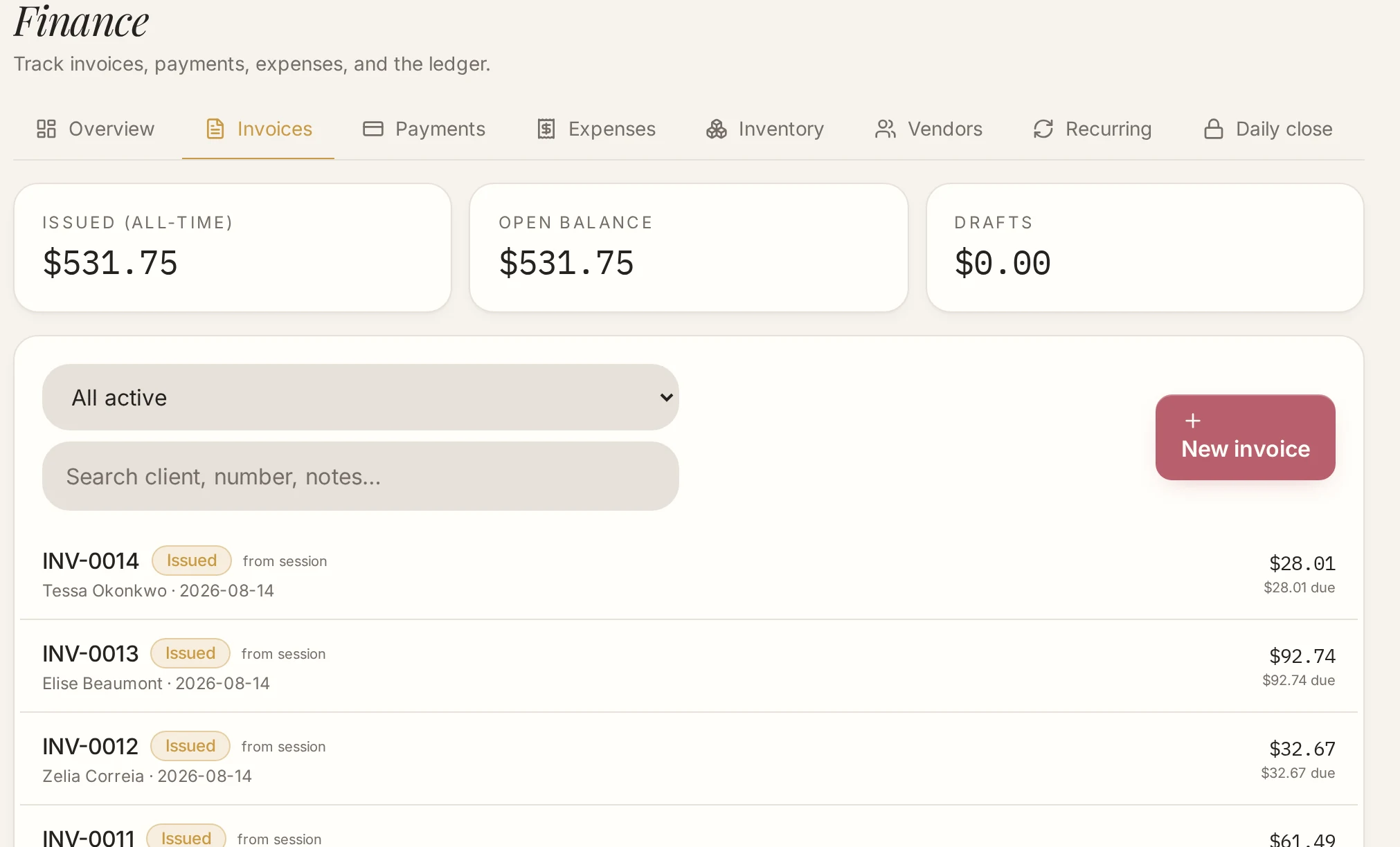 Finance invoices tab: issued all-time $531.75, open balance $531.75, and the issued invoice list