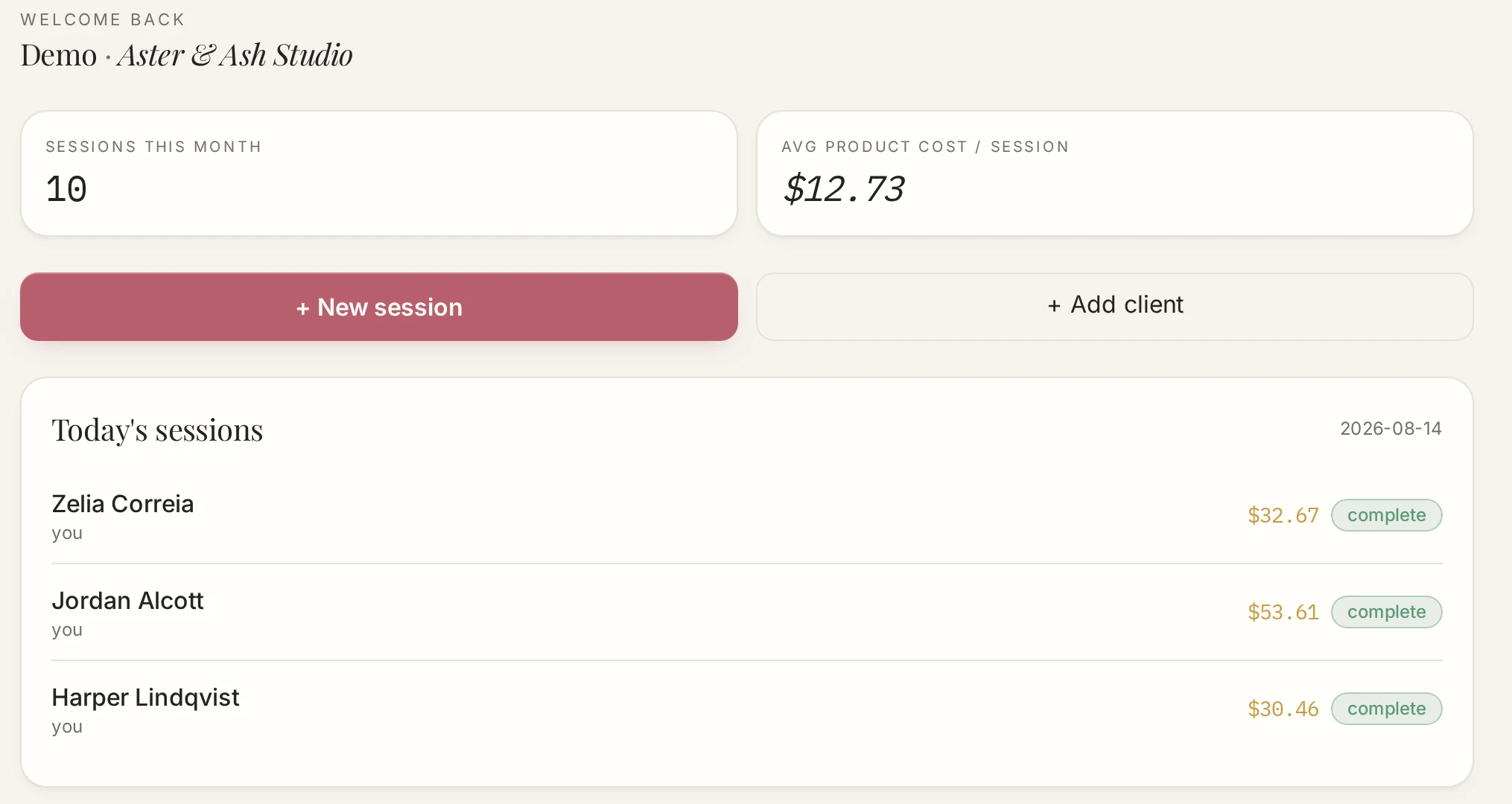 MixMargin overview: sessions this month, average product cost per session and today's sessions