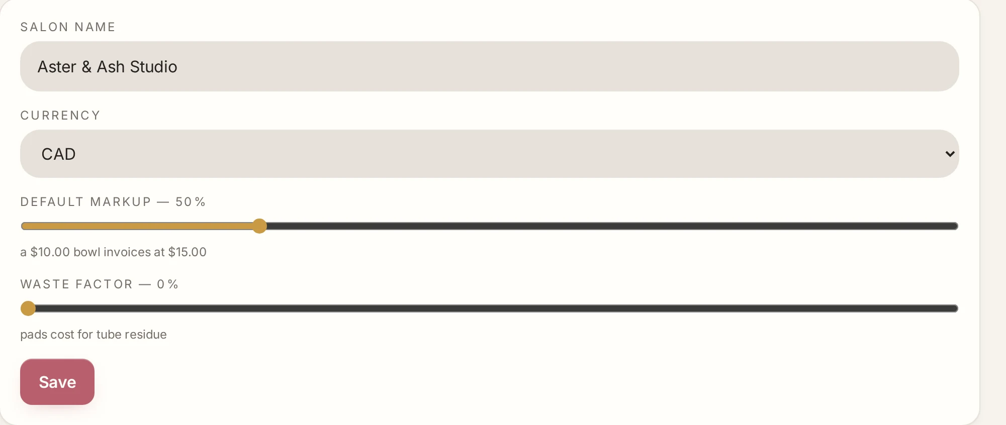 Settings: default markup 50% with a live example, and waste factor slider
